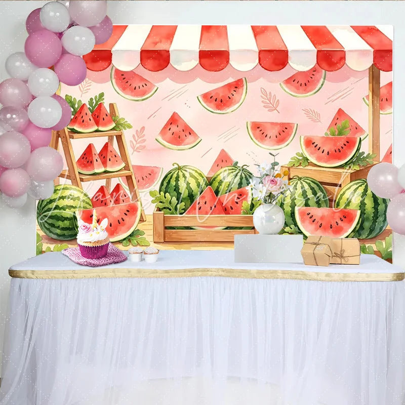 Lofaris Vibrant Watermelon Photography Backdrop with Market Stand and Awning Sweet Summer Fruit Background for Studio Photoshoot