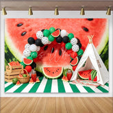 Lofaris Vibrant Watermelon Slice Photography Backdrop with Colorful Balloon Arch Green and White Striped Floor for Summer Party Decor