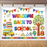 Lofaris Vibrant Welcome Back To School Backdrop with School Bus Books and Pencils Fun Classroom Decor for Photography
