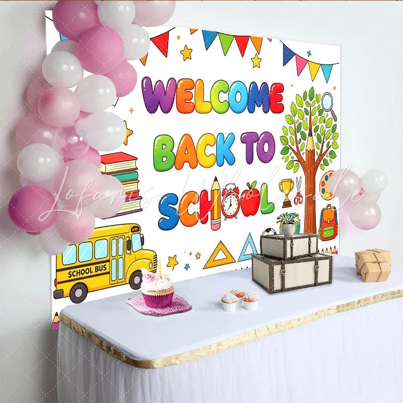 Lofaris Vibrant Welcome Back To School Backdrop with School Bus Books and Pencils Fun Classroom Decor for Photography