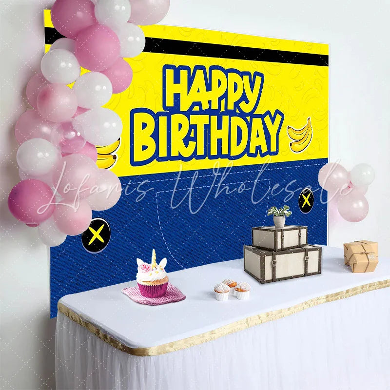Lofaris Vibrant Yellow and Blue Banana Cartoon Birthday Backdrop for Kids Party Fun Denim Style Background and Photo Booth Props