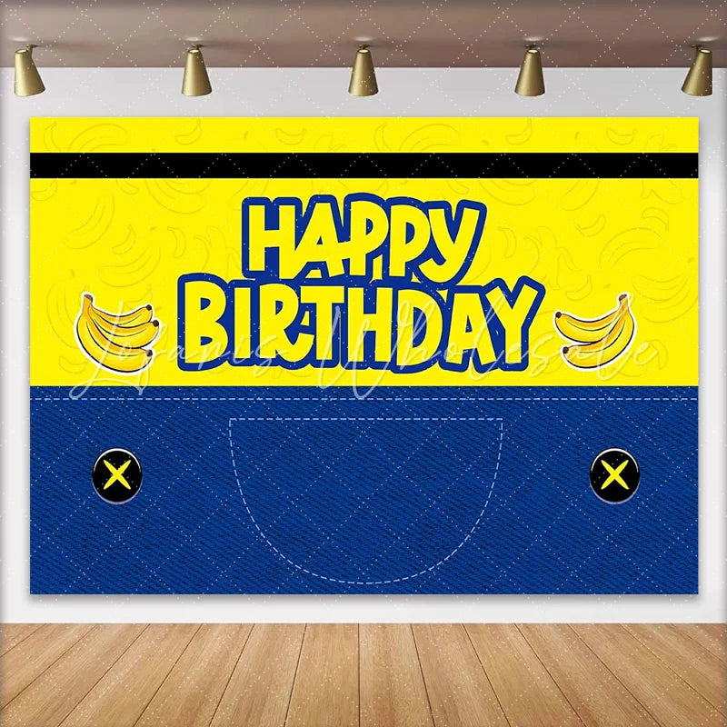 Lofaris Vibrant Yellow and Blue Banana Cartoon Birthday Backdrop for Kids Party Fun Denim Style Background and Photo Booth Props
