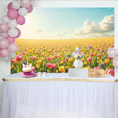 Lofaris Vibrant Yellow and Pink Tulip Field Spring Photography Backdrop Bright Nature Photo Background for Studio Portrait and Event Decor