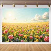 Lofaris Vibrant Yellow and Pink Tulip Field Spring Photography Backdrop Bright Nature Photo Background for Studio Portrait and Event Decor