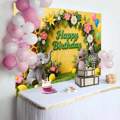 Lofaris Vibrant Yellow Jungle Safari Animals Happy Birthday Backdrop Kids Party Decor with Balloons and Floral Arch