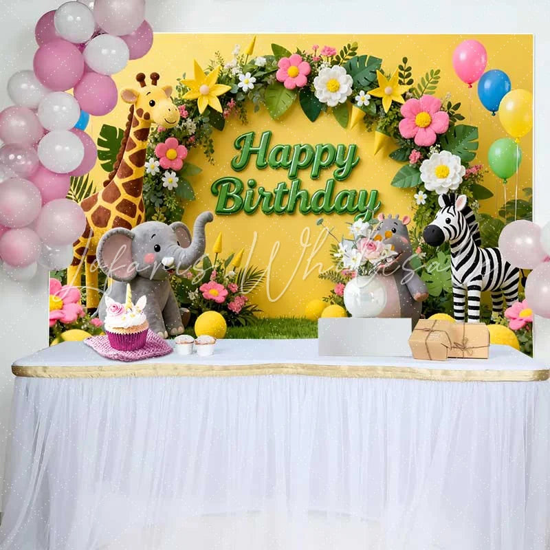 Lofaris Vibrant Yellow Jungle Safari Animals Happy Birthday Backdrop Kids Party Decor with Balloons and Floral Arch
