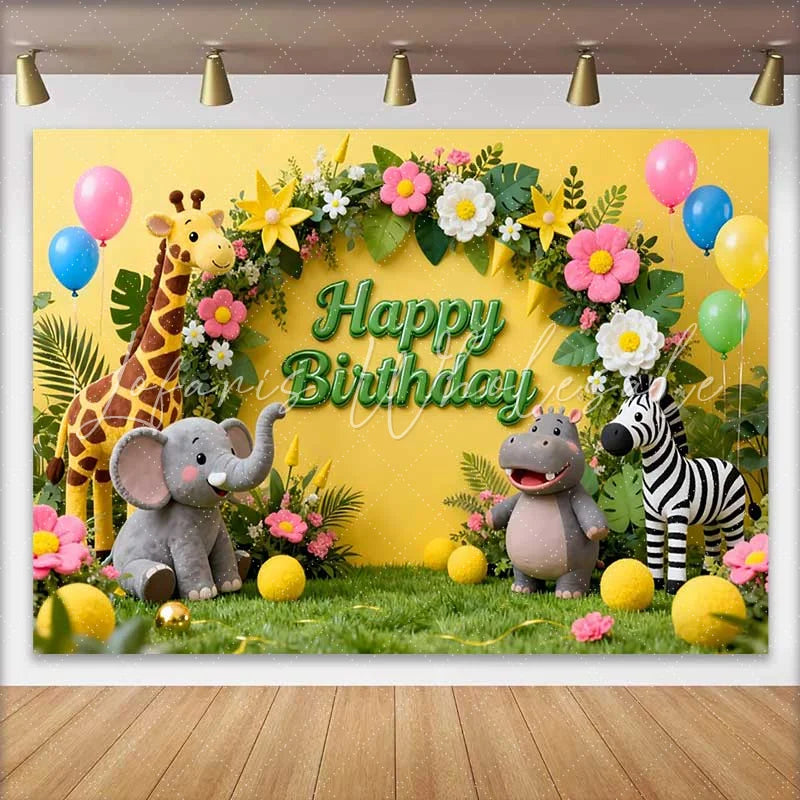 Lofaris Vibrant Yellow Jungle Safari Animals Happy Birthday Backdrop Kids Party Decor with Balloons and Floral Arch
