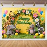 Lofaris Vibrant Yellow Jungle Safari Animals Happy Birthday Backdrop Kids Party Decor with Balloons and Floral Arch
