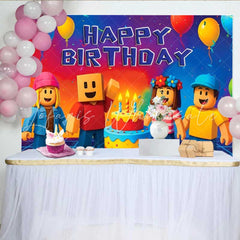 Lofaris Video Game Inspired Happy Birthday Backdrop Blocky Avatar World Theme Gaming Party Decor for Boys and Girls