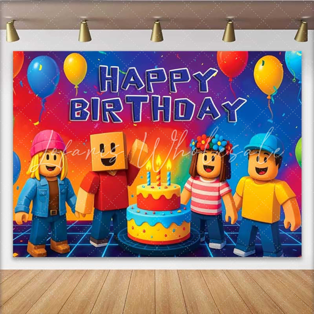 Lofaris Video Game Inspired Happy Birthday Backdrop Blocky Avatar World Theme Gaming Party Decor for Boys and Girls