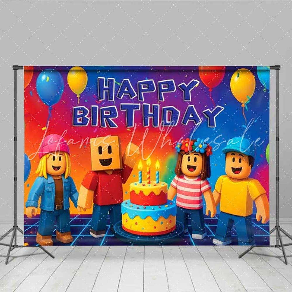 Lofaris Video Game Inspired Happy Birthday Backdrop Blocky Avatar World Theme Gaming Party Decor for Boys and Girls