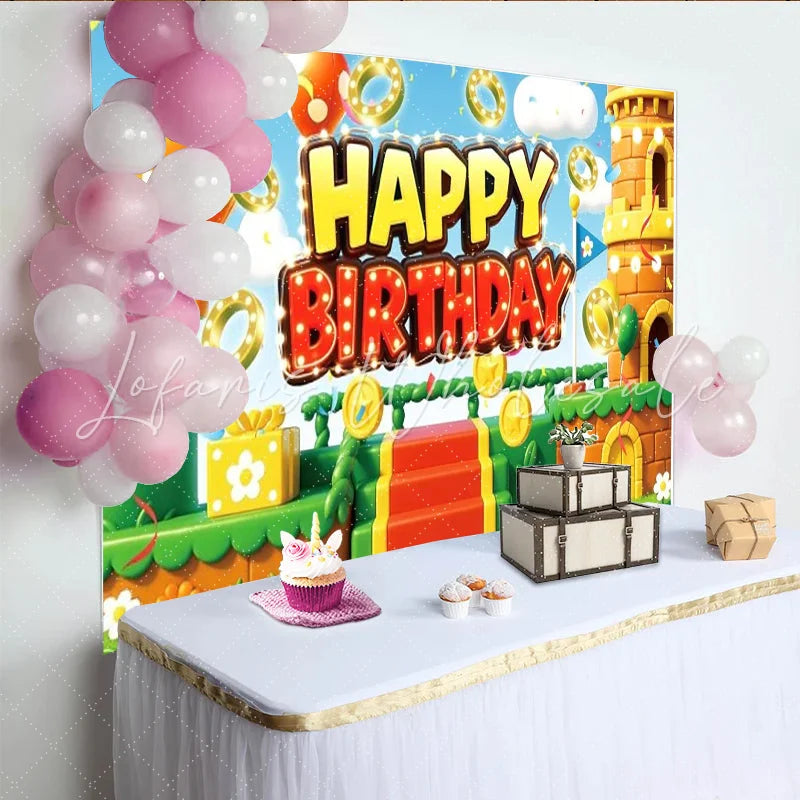 Lofaris Video Game World Birthday Backdrop Cartoon Castle and Gold Coins Photography Background Boy Level Up Party Decoration