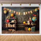 Lofaris Vintage Back To School Backdrop with Books Globes and Apples Classroom Photography Background for Educational Party Decor.