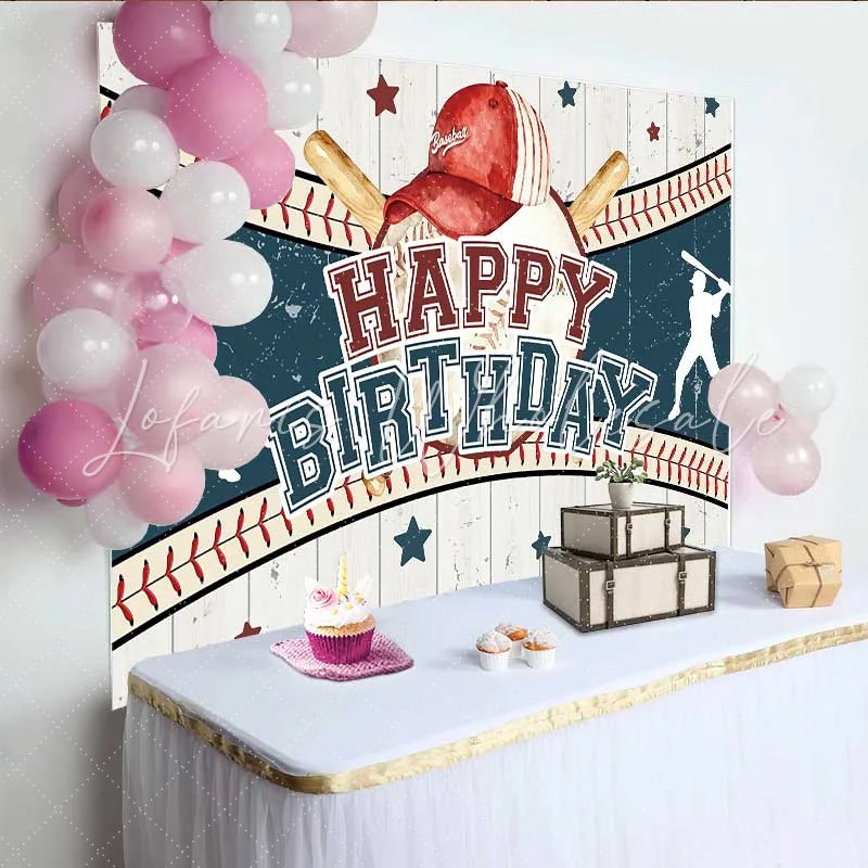 Lofaris Vintage Baseball Birthday Backdrop Red Cap and Bat Sport Theme Party Banner for Boy