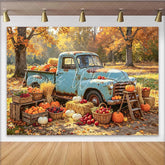Lofaris Vintage Blue Truck Autumn Backdrop for Harvest Festival Rustic Pumpkin and Hay Background for Portrait Photoshoot