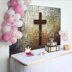 Lofaris Vintage Christian Cross Photography Backdrop with Religious Word Cloud Spiritual Studio Background for Church Events and Portraits