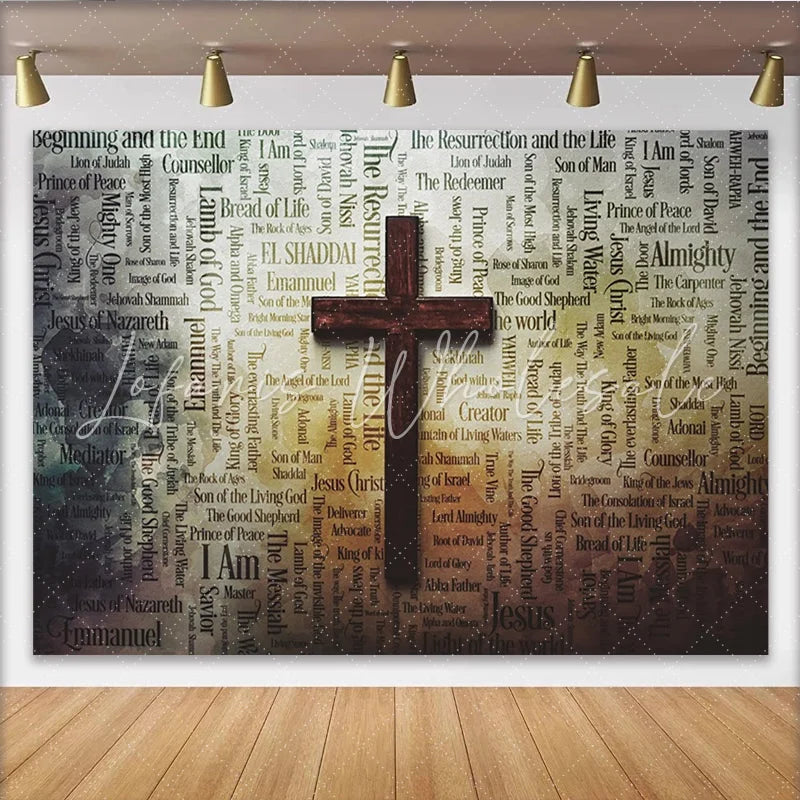 Lofaris Vintage Christian Cross Photography Backdrop with Religious Word Cloud Spiritual Studio Background for Church Events and Portraits