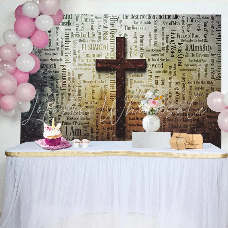 Lofaris Vintage Christian Cross Photography Backdrop with Religious Word Cloud Spiritual Studio Background for Church Events and Portraits
