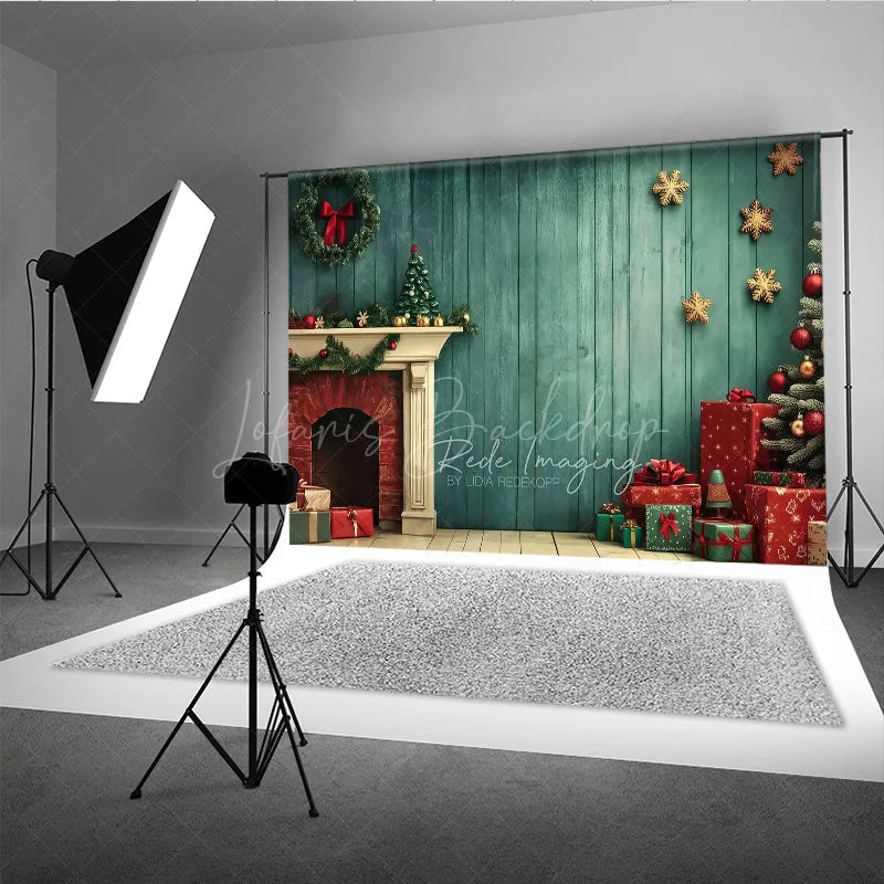 Lofaris Vintage Christmas Fireplace Photography Backdrop Teal Wood Wall with Tree and Presents Holiday Studio Photo Prop