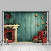 Lofaris Vintage Christmas Fireplace Photography Backdrop Teal Wood Wall with Tree and Presents Holiday Studio Photo Prop