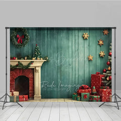 Lofaris Vintage Christmas Fireplace Photography Backdrop Teal Wood Wall with Tree and Presents Holiday Studio Photo Prop