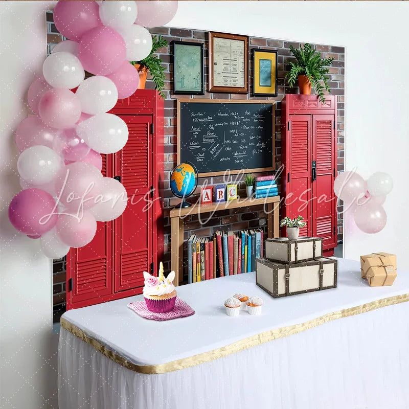 Lofaris Vintage Classroom Photography Backdrop with Red Lockers and Blackboard School Theme Background for Kids Portrait