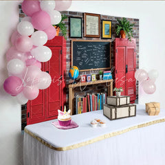 Lofaris Vintage Classroom Photography Backdrop with Red Lockers and Blackboard School Theme Background for Kids Portrait