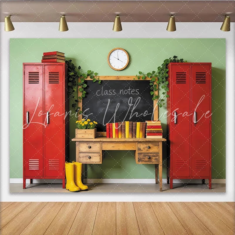 Lofaris Vintage Classroom Photography Backdrop with Red Lockers and Blackboard School Theme Photo Background for Back to School Pictures