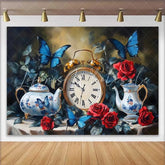 Lofaris Vintage Clock and Blue Butterflies Wedding Backdrop Red Roses and Elegant Teapots Enchanted Garden Decor