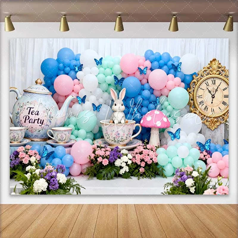 Lofaris Vintage Clock and Tea Party Rabbit Easter Backdrop Pastel Balloon Arch Spring Photography Background