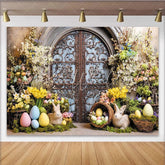 Lofaris Vintage Easter Backdrop with Bunnies Colorful Eggs and Spring Flowers Rustic Door Party Decor