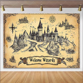 Lofaris Vintage Fantasy Castle Map Photography Backdrop Welcome Wizards Banner for Themed Party Decor and Studio Photoshoot