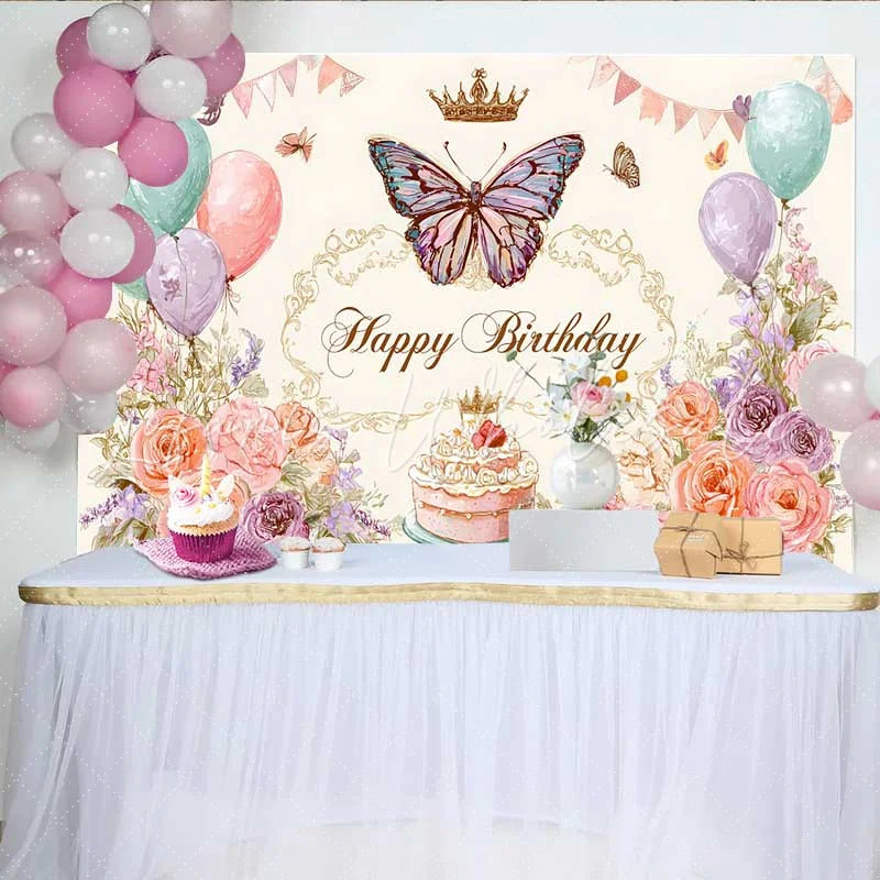 Lofaris Vintage Floral Birthday Backdrop Pastel Balloon Butterfly Background Sketch Art Cake Table Photo Prop