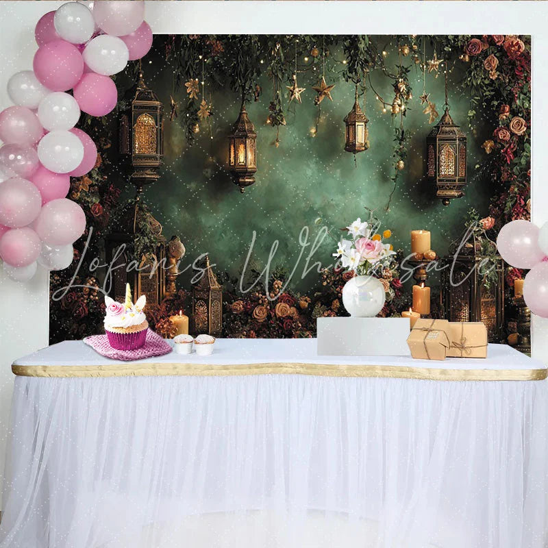 Lofaris Vintage Floral Photography Backdrop with Glowing Lanterns and Candles Elegant Dark Green Wall for Portrait Photoshoot