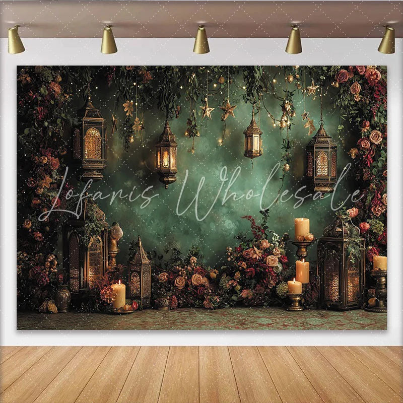 Lofaris Vintage Floral Photography Backdrop with Glowing Lanterns and Candles Elegant Dark Green Wall for Portrait Photoshoot