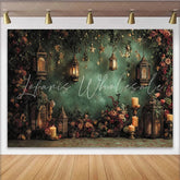 Lofaris Vintage Floral Photography Backdrop with Glowing Lanterns and Candles Elegant Dark Green Wall for Portrait Photoshoot