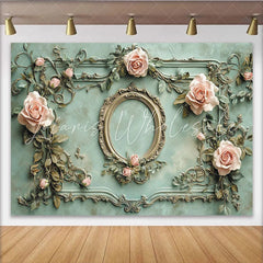 Lofaris Vintage Floral Photography Backdrop with Ornate Frame and Pink Roses Elegant Textured Wall Background for Studio Photoshoot