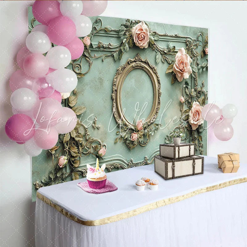 Lofaris Vintage Floral Photography Backdrop with Ornate Frame and Pink Roses Elegant Textured Wall Background for Studio Photoshoot