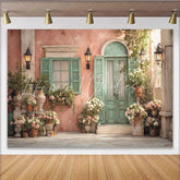 Lofaris Vintage Floral Photography Backdrop with Pink Wall and Mint Green Door Elegant Garden Photo Background for Studio Portrait