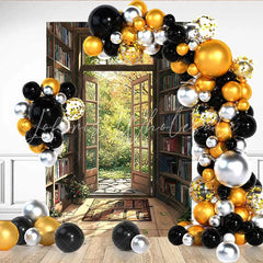 Lofaris Vintage Library Bookshelf Backdrop Open French Door to Autumn Garden for Book Lovers Party