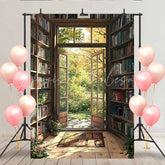 Lofaris Vintage Library Bookshelf Backdrop Open French Door to Autumn Garden for Book Lovers Party
