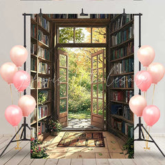 Lofaris Vintage Library Bookshelf Backdrop Open French Door to Autumn Garden for Book Lovers Party