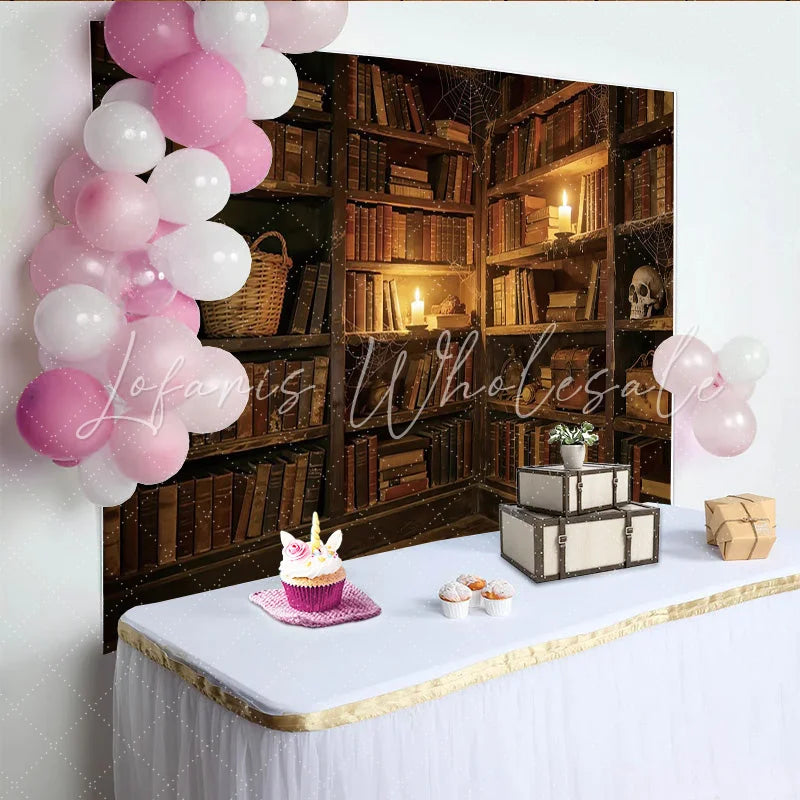 Lofaris Vintage Library Photography Backdrop with Old Books Candles and Skull Mysterious Dark Academia Studio Background for Portrait