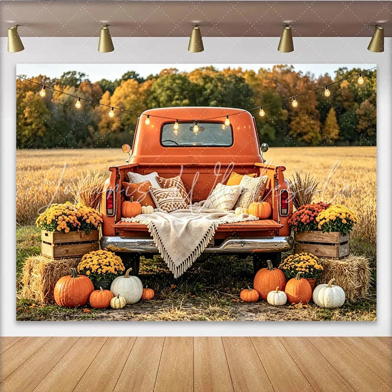 Lofaris Vintage Orange Truck Autumn Backdrop with Pumpkins and Hay Bales Rustic Fall Harvest Photography Background for Family Photoshoot