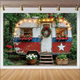 Lofaris Vintage Patriotic Camper Backdrop with Red White and Blue Star Rustic Forest Scene for Independence Day Party Decor