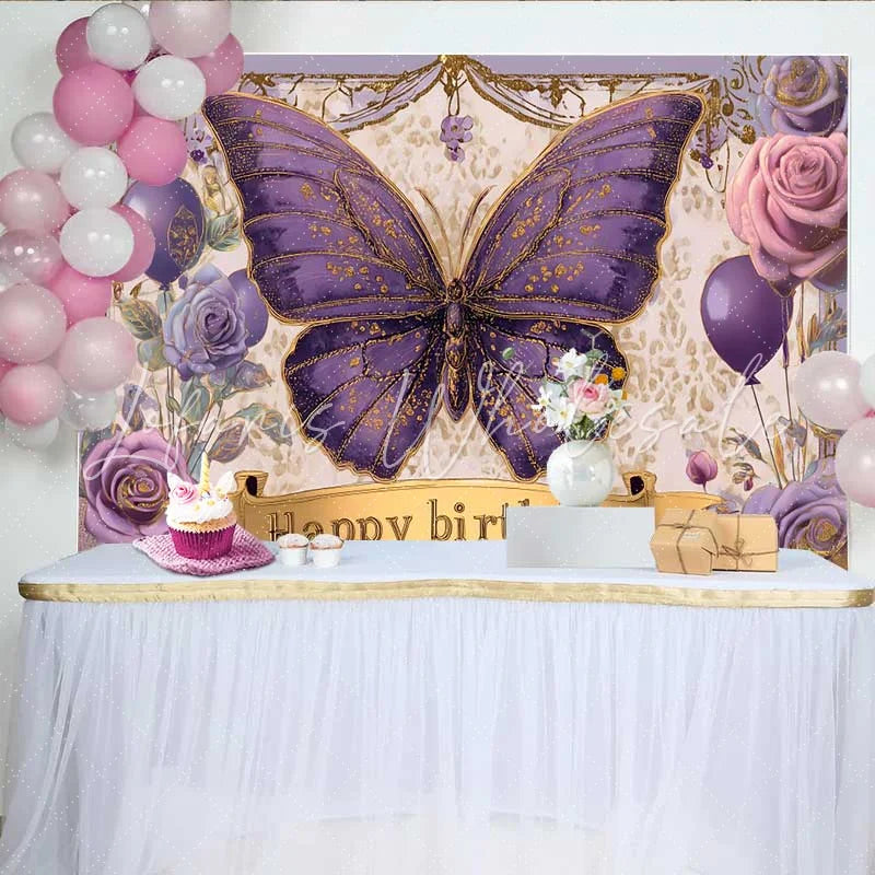 Lofaris Vintage Purple Butterfly Birthday Backdrop Floral Gold Banner Party Background Girl Princess Photo Prop