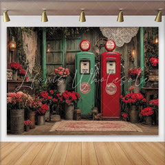 Lofaris Vintage Red and Green Gas Pump Floral Photography Backdrop Rustic Wooden Wall with Roses and Lanterns