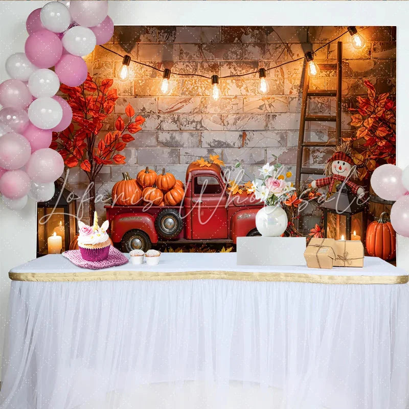 Lofaris Vintage Red Truck Autumn Harvest Backdrop with Pumpkins and Fall Leaves Rustic Brick Wall Background for Thanksgiving Party