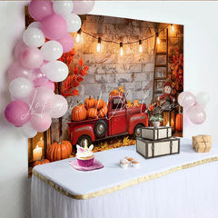 Lofaris Vintage Red Truck Autumn Harvest Backdrop with Pumpkins and Fall Leaves Rustic Brick Wall Background for Thanksgiving Party