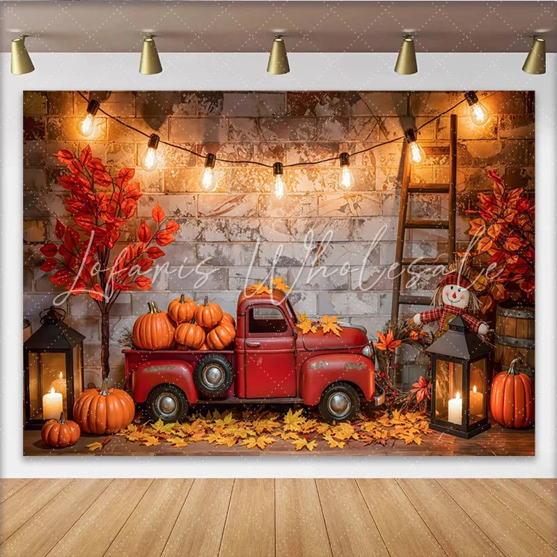 Lofaris Vintage Red Truck Autumn Harvest Backdrop with Pumpkins and Fall Leaves Rustic Brick Wall Background for Thanksgiving Party